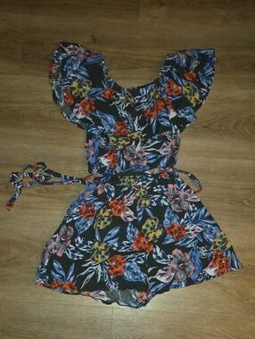 Umgee Navy Floral Off-Shoulder Romper with Multicolor Blooms